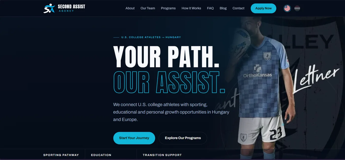 Second Assist Agency sports scholarship website screenshot